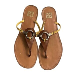 Tommy Hilfiger Flat Flip Flop Thong Sandals Brown Yellow Tan Size 10